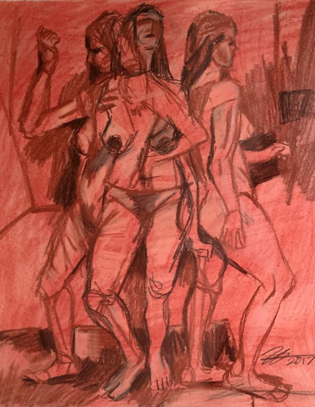 Three Figures. Charcoal and conte crayon on drawing paper. 14" x 17"
